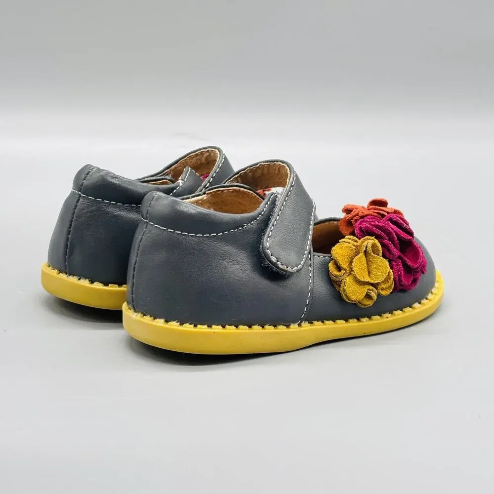 Livie & Luca Shoes Girls 4 Gray Leather Mary Jane Floral Hook & Loop Flats Dress